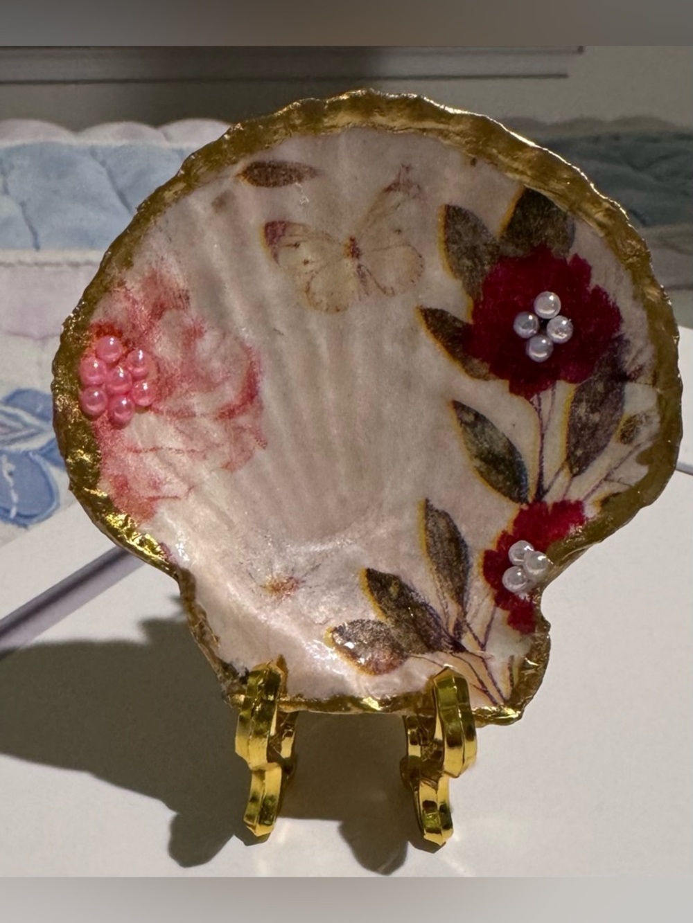 Hand-Painted Floral Scallop Shell Trinket Dish with Gold Trim and Bedazzled